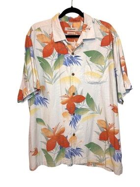 Tommy Bahama Hawaiian Shirt Original Fit Floral Print Beige